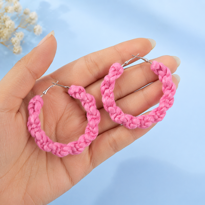 Pink braided fabric hoop earrings